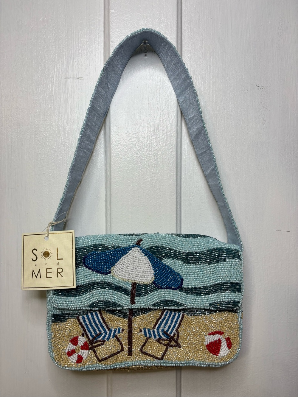 NWT SOL and MER Light Blue Beaded Beach Umbrella Shoulder Bag